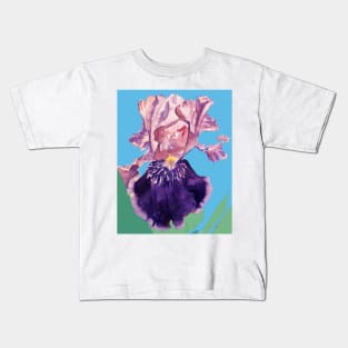 Iris Watercolor Painting - Glorious Purple on Blue Kids T-Shirt